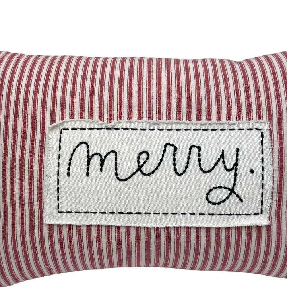 RAE DUNN Merry Pillow Red Ticking Stripe Holiday Decor Cover w/ Insert